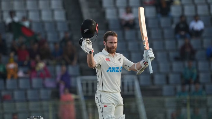 Kane Williamson celebrates bringing up his 29th test ton during the first test against Bangladesh. Photo / Supplied