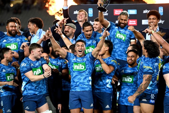The Blues celebrate after winning the Super Rugby Trans-Tasman Final match against the Highlanders. Photo / Getty