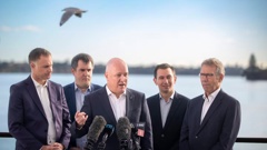 National leader Christopher Luxon discusses his party's new renewables policy with MPs, from left, Simon Watts, Chris Bishop, Simeon Brown and Stuart Smith. Photo / Michael Craig