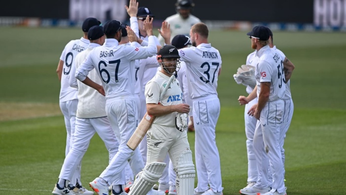 England celebrate the wicket of Kane Williamson at Hagley Oval. Photo / Photosport