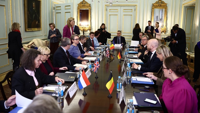 Britain's Home Secretary Yvette Cooper (5L) chairs a meeting of European ministers and agencies, at Carlton Gardens on December 10, 2024 in London, England. Ministers from Britain, Germany, France, the Netherlands and Belgium met in London on Tuesday to step up cooperation in the fight against gangs smuggling migrants into Europe. (Photo by Henry Nicholls - Pool/Getty Images)