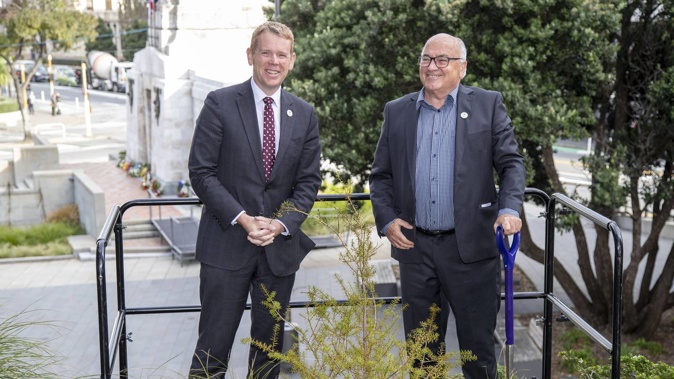 Prime Minister Chris Hipkins and Project Crimson chairman Joris De Bres after planting a tōtara tree for the King's coronation. Photo / Mark Mitchell