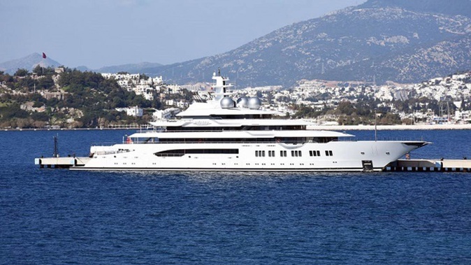 The 106m-long and 18m-high superyacht Amadea, is seen anchored in Bodrum, Turkey in February 2020. Photo / Getty Images
