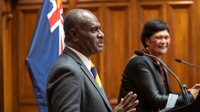 Solomon Islands Foreign Minister Jeremiah Manele and New Zealand Foreign Minister Nanaia Mahuta during their joint media conference at Parliament. Photo / Mark Mitchell