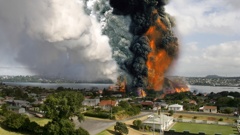Computer-generated picture showing the after-effects of a major volcanic eruption and tsunami in Auckland.