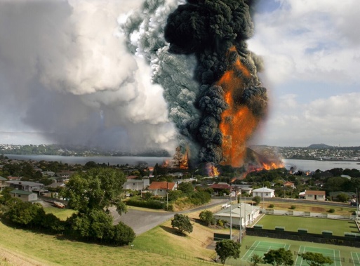 Computer-generated picture showing the after-effects of a major volcanic eruption and tsunami in Auckland.