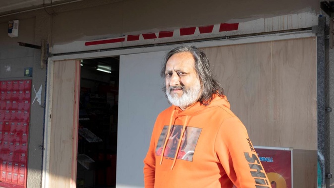Springfield Superette owner Raj Kumar outside his store after it was ram-raided over the weekend. Photo / Andrew Warner
