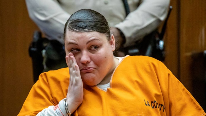 Heather Barron wipes her tears while listening to victim impact statements by family members. Photo / Getty Images