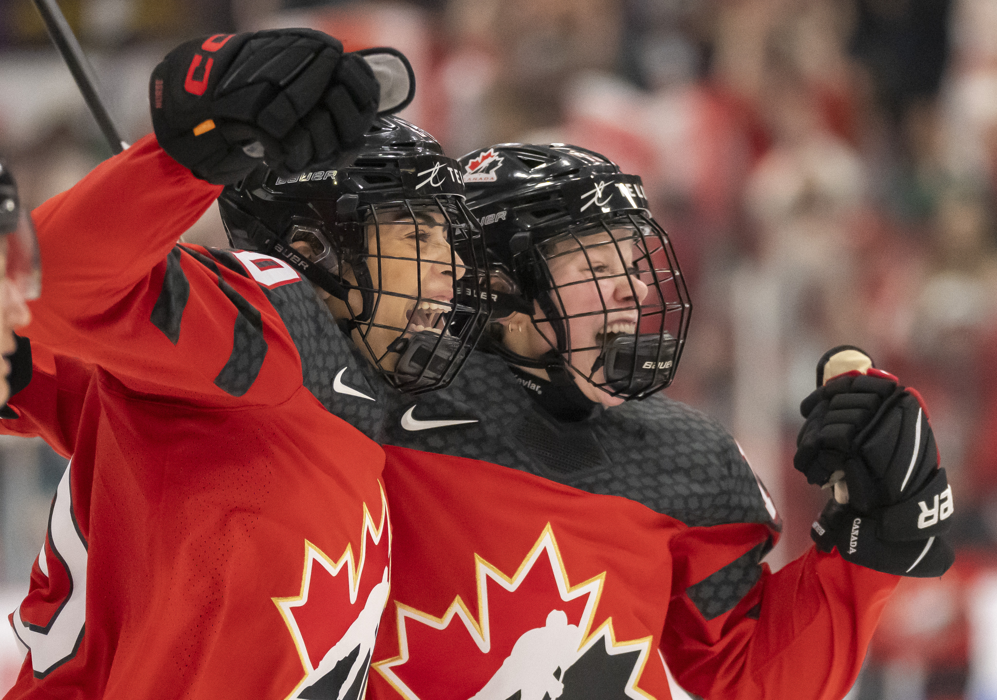 Canada forward Sarah Nurse, left, and forward Sarah Fillier, right, celebrate after Nurse's winning overtime goal against Sweden at a quarterfinal match at the women's world hockey championships in Brampton, Ontario, Thursday, April 13, 2023. Photo / AP
