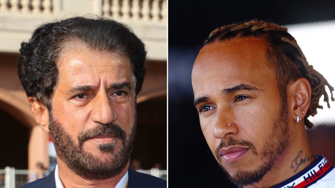 Mohammed ben Sulayem (L) and Lewis Hamilton do not see eye-to-eye on politics. Photos / Getty