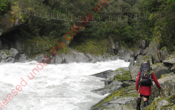 The swingbridge above the Whitcombe River near Hokitika. Photo released under the Official Information Act. Photo / Supplied DoC