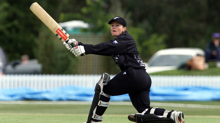 New Zealand's Emily Drumm pulls the ball to the boundary during their match in the CricInfo Womens World Cup which started at the BIL Oval at Lincoln University. Drumm top scored with 74 in New Zealand's total of 166 for 9. (Photo by Simon Baker/Getty Images)