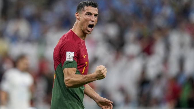 Portugal's Cristiano Ronaldo celebrates after claiming a goal against Uruguay. Photo / AP