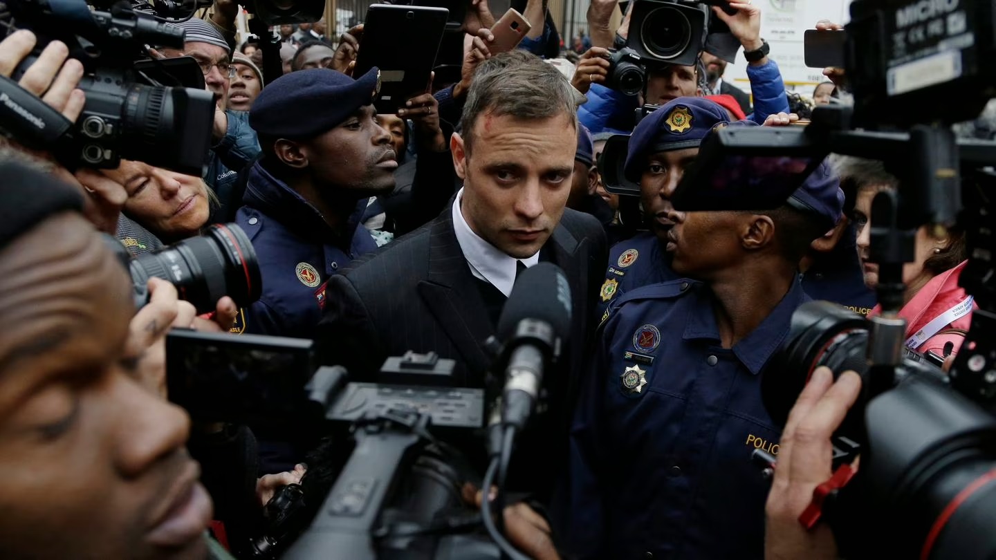 Oscar Pistorius leaves the High Court in Pretoria, South Africa, in 2016 during his trail for the murder of girlfriend Reeva Steenkamp. Photo / AP