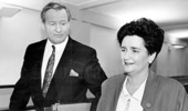 Prime Minister Jim Bolger and Finance Minister Ruth Richardson making their way to the House of Representatives for the presentation of the 1991 Budget.