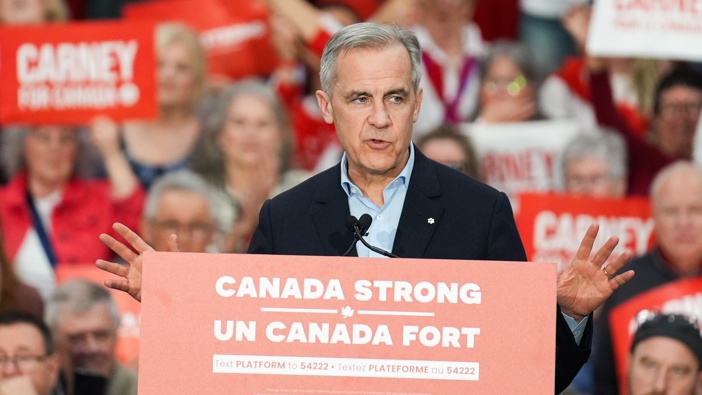 Canadian Prime Minister Mark Carney speaks during the Liberal Party's election campaign rally in Peterborough, Ontario, Canada on April 19, 2025. (Photo by Mert Alper Dervis/Anadolu via Getty Images)