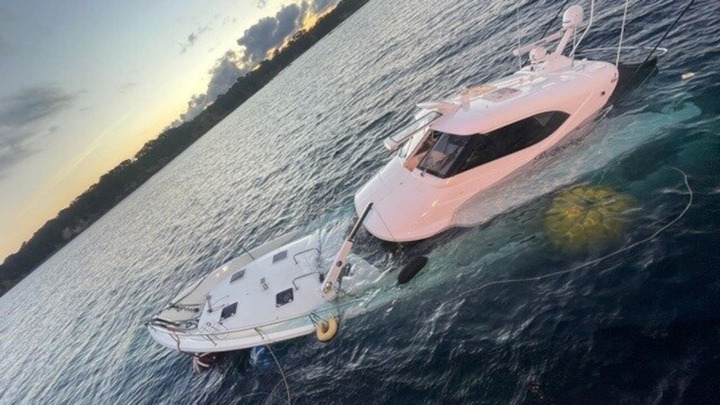 Stern of a 60-foot [1.2m] launch being raised from the sea floor near Motiti Island after it hit submerged rocks on May 16. Photo / Sean Kelly, Pacific 7 Ltd