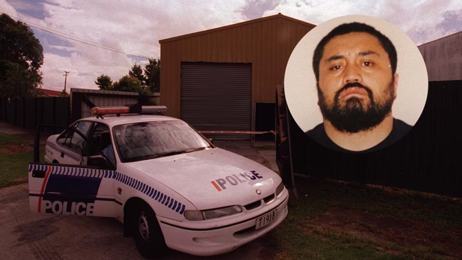 A police vehicle guarded the entrance to the Tribesmen gang headquarters in Papatoetoe in 2000 after Lenin Waye Lazarus, pictured, murdered Shane Francis Hohepa.