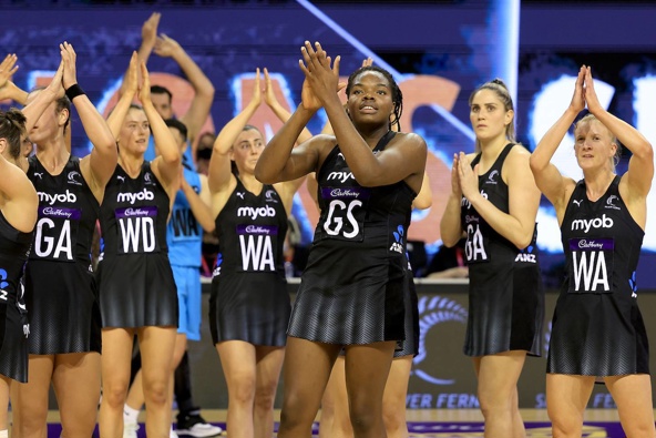 Silver Fern goal shoot Grace Nweke claps the fans after their win over the New Zealand men. Photosport