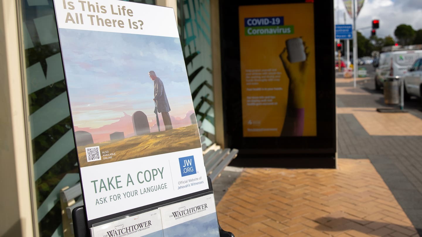A Jehovah's Witness stand outside Glenfield Mall, Auckland. The church wanted to be excluded from a royal commission's scrutiny. Photo / NZME