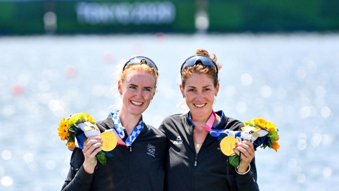 Grace Prendergast, left, and Kerri Gowler after winning gold in Tokyo. Photosport