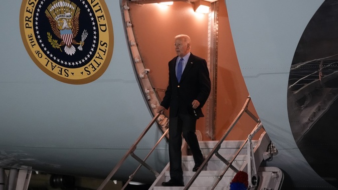 President Joe Biden arrives on Air Force One at Brindisi International Airport, Wednesday, June 12, 2024, in Brindisi, Italy. (AP Photo/Alex Brandon)