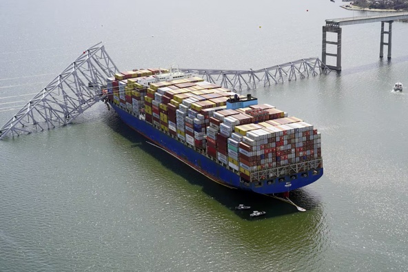 The cargo ship Dali stuck under part of the Francis Scott Key Bridge. Photo / Maryland National Guard via AP