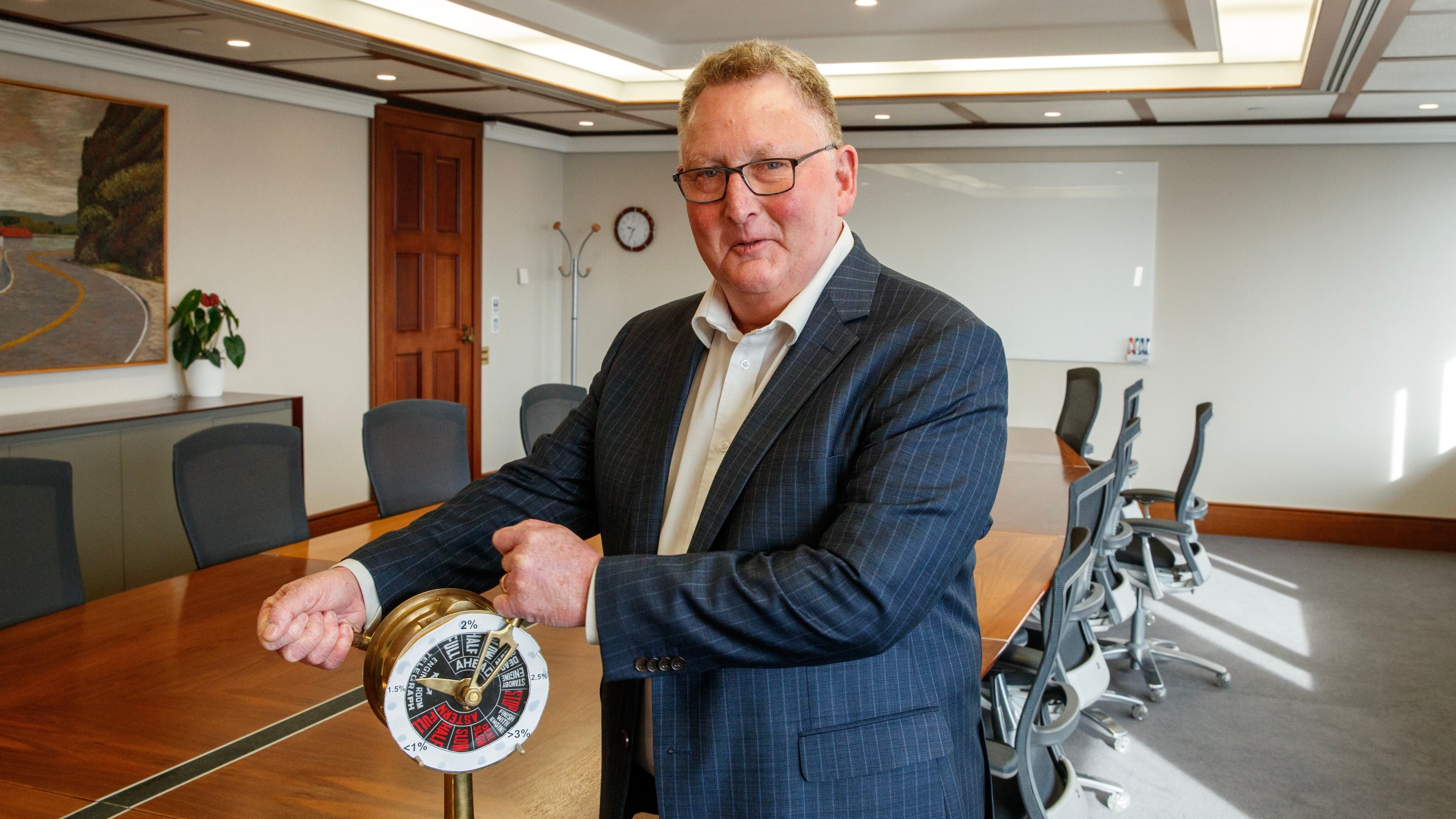 Governor of the Reserve Bank of New Zealand, Adrian Orr, in the room where the central bank's monetary policy committee decides how to control inflation. Photo / Mark Mitchell
