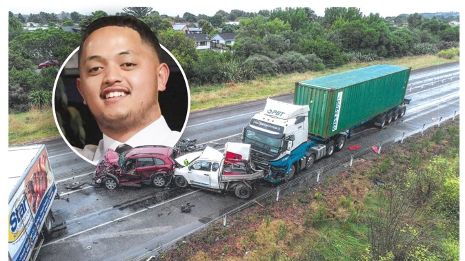 The scene of a multiple vehicle accident on the Hawke's Bay Expressway in February 2024. Caleb Baker (inset) died in the accident. Main photo / Crown Law Office