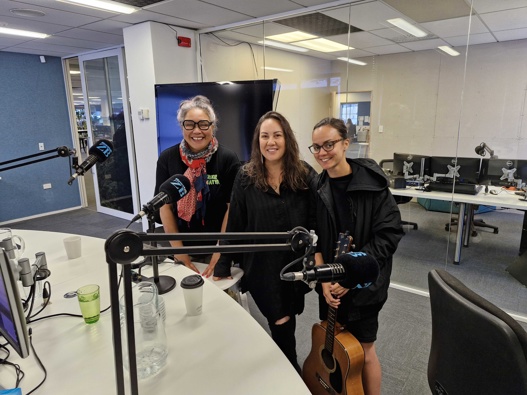 The New Blue performers Lisa Tomlins, Kirsten Te Rito and Jacqui Nyman in the Newstalk ZB studio.