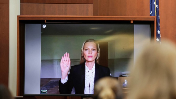 Model Kate Moss, a former girlfriend of actor Johnny Depp, testifies via video link at the Fairfax County Circuit Courthouse. Photo / Evelyn Hockstein, Pool via AP