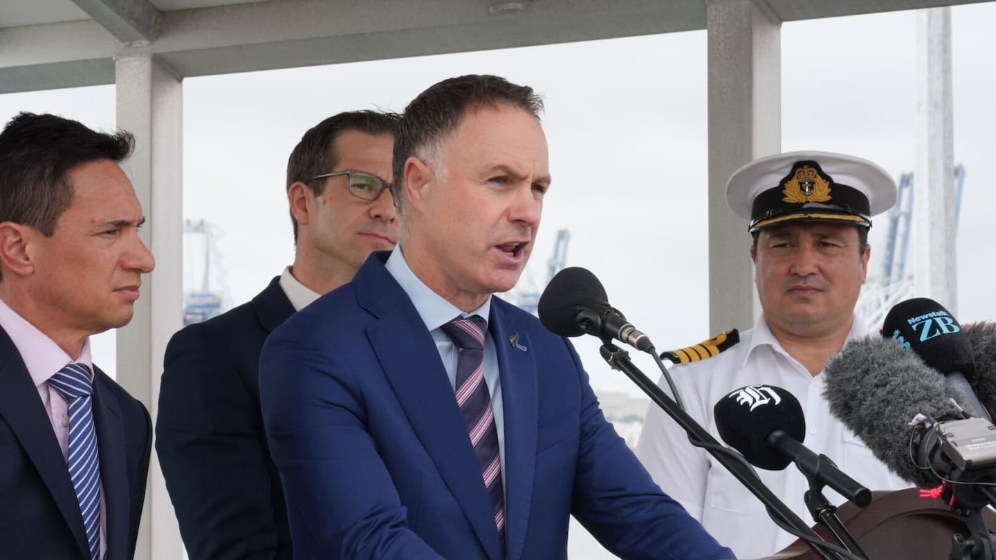Associate Minister of Defence Hon Chris Penk and local North Shore MP Simon Watts announce billions of dollars in defence infrastructure spending at Devonport Naval Base, Auckland, on November 26, 2025. NZ Herald photograph by Annaleise Shortland.