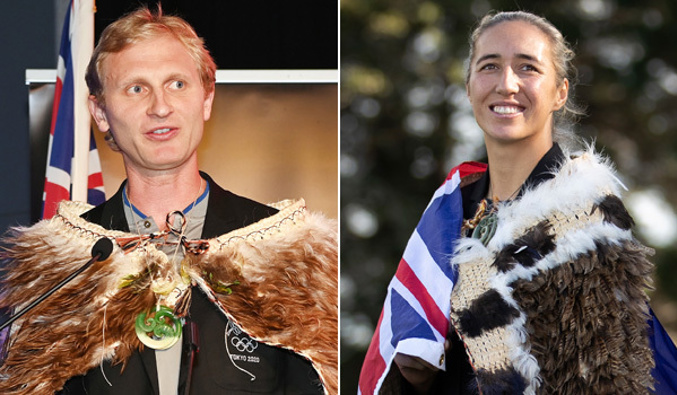 Flag bearers Hamish Bond and Sarah Hirini. (Photos / Photosport / Getty Images)