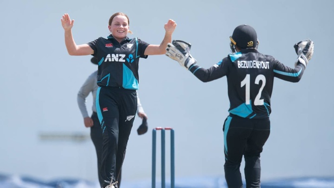 Eden Carson celebrates a wicket for the White Ferns. Photo / photosport.nz