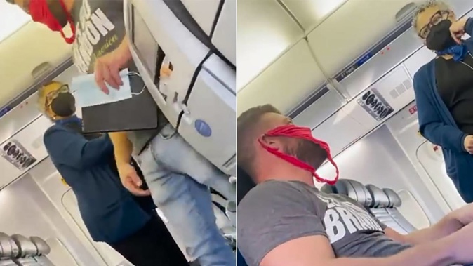Adam Jenne, from Cape Coral, Florida, attempted to board a flight using a red thong as a face mask in protest against America's mask mandates. Photo / NBC2 News