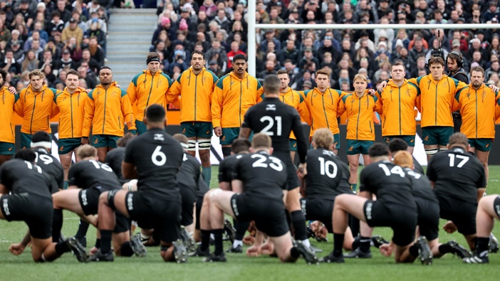 Australia faces the haka during The Rugby Championship & Bledisloe Cup match between the New Zealand All Blacks and the Australia Wallabies at Forsyth Barr Stadium on August 05, 2023 in Dunedin, New Zealand. (Photo by Peter Meecham/Getty Images)
