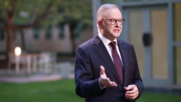 Prime Minister of Australia, Anthony Albanese speaks to the the media at post budget media interviews at Parliament House on March 26, 2025 in Canberra, Australia. (Photo by Hilary Wardhaugh/Getty Images)