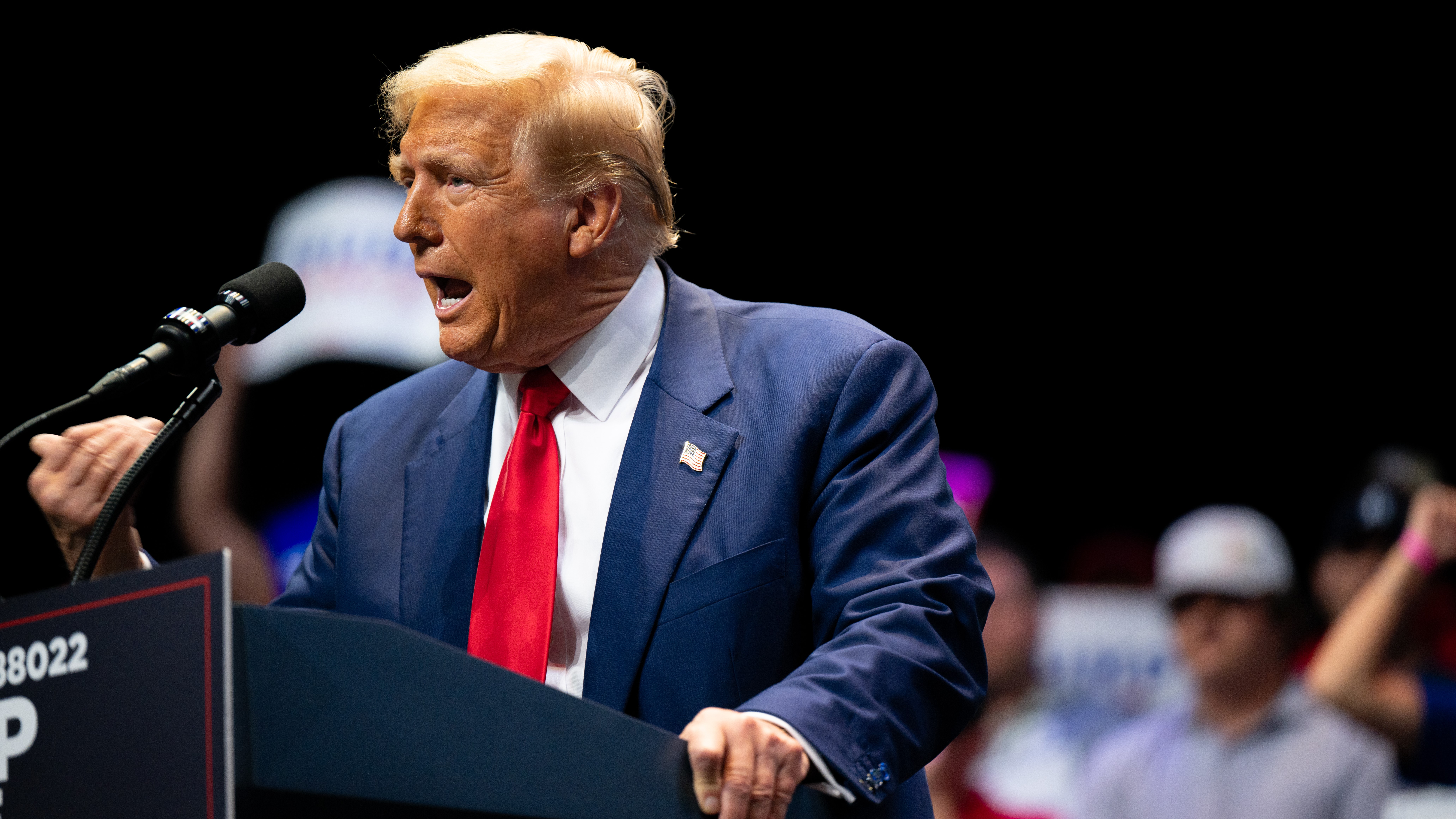 Republican presidential nominee, former U.S. President Donald Trump speaks to attendees during a campaign rally at the Johnny Mercer Theatre on September 24, 2024 in Savannah, Georgia. (Photo by Brandon Bell/Getty Images)