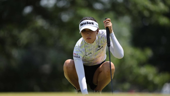 Lydia Ko lines up a putt on the first hole during the final round of the Meijer LPGA Classic at Blythefield Country Club in Grand Rapids, Michigan. Photo / Getty