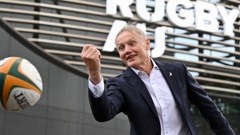 Newly appointed Rugby Australia Head Coach Joe Schmidt poses for pictures in front of the Rugby Australia head office in Sydney on January 19, 2024. Photo / Getty