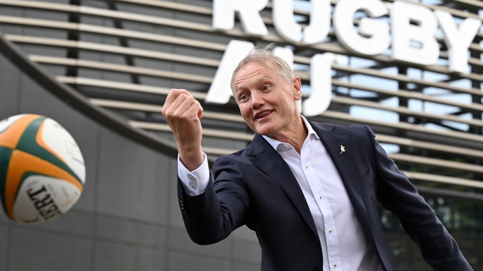 Newly appointed Rugby Australia Head Coach Joe Schmidt poses for pictures in front of the Rugby Australia head office in Sydney on January 19, 2024. Photo / Getty