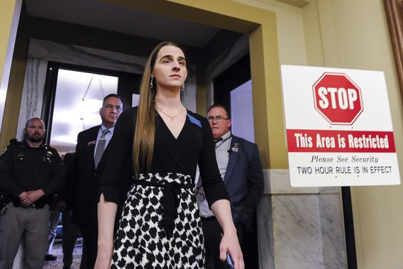Rep. Zooey Zephyr, D-Missoula, walks out of the Montana House of Representatives after lawmakers voted to ban her from the chamber on Wednesday, April 26, 2023, in the State Capitol in Helena, Montana. Photo / AP