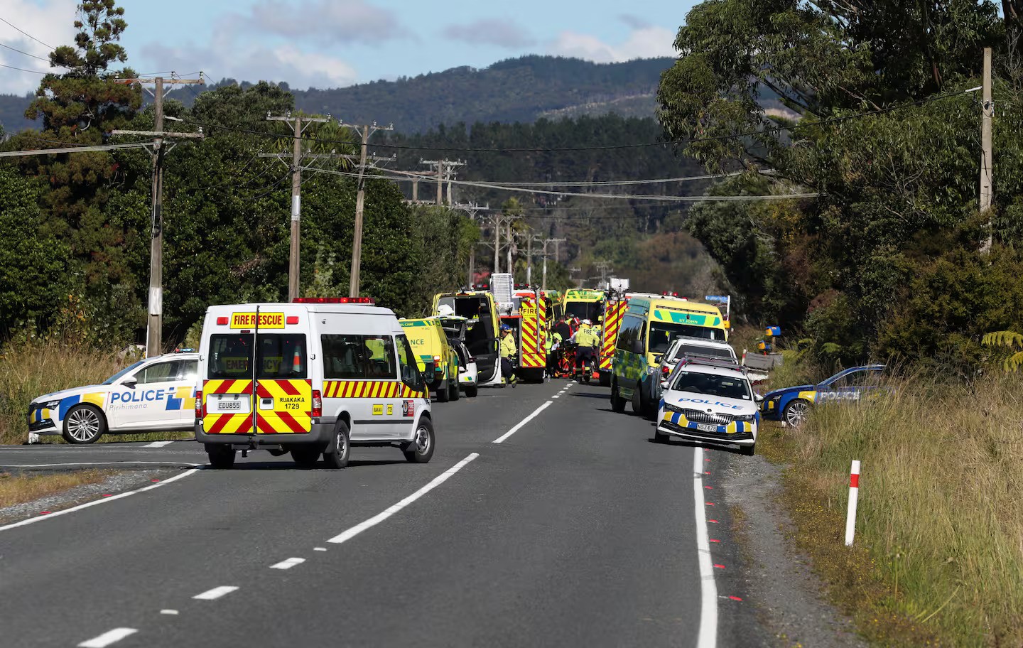 Five ambulances and two rapid response vehicles were dispatched alongside police and the Waipū Volunteer Fire Brigade. Photo / Michael Cunningham