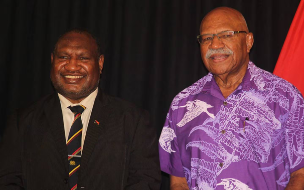 PNG PM James Marape, left, and Fiji PM Sitiveni Rabuka. Photo Twitter/@slrabuka