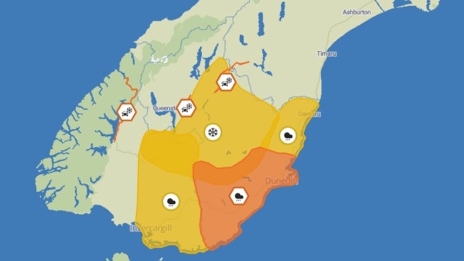 Several weather watches are in place today especially around the lower half of the South Island, with heavy rain and snow expected. Image / MetService