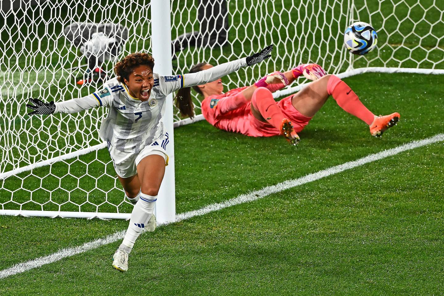Sarina Bolden of the Philippines celebrates after scoring against the Football Ferns. Photo / Photosport