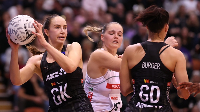 Kelly Jackson of the Silver Ferns during game two of the Taini Jamison Trophy series between the New Zealand Silver Ferns and the South Africa Proteas at Pettigrew Green Arena on September 24, 2025 in Napier, New Zealand. (Photo by Phil Walter/Getty Images)