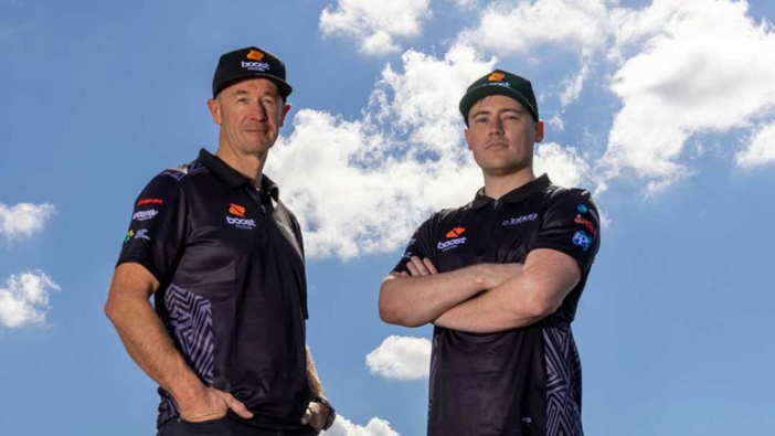 620 x 3102:1 620x310 hero 2 Column width Greg Murphy and compatriot Richie Stanaway. (Photo / Supercars Communications)