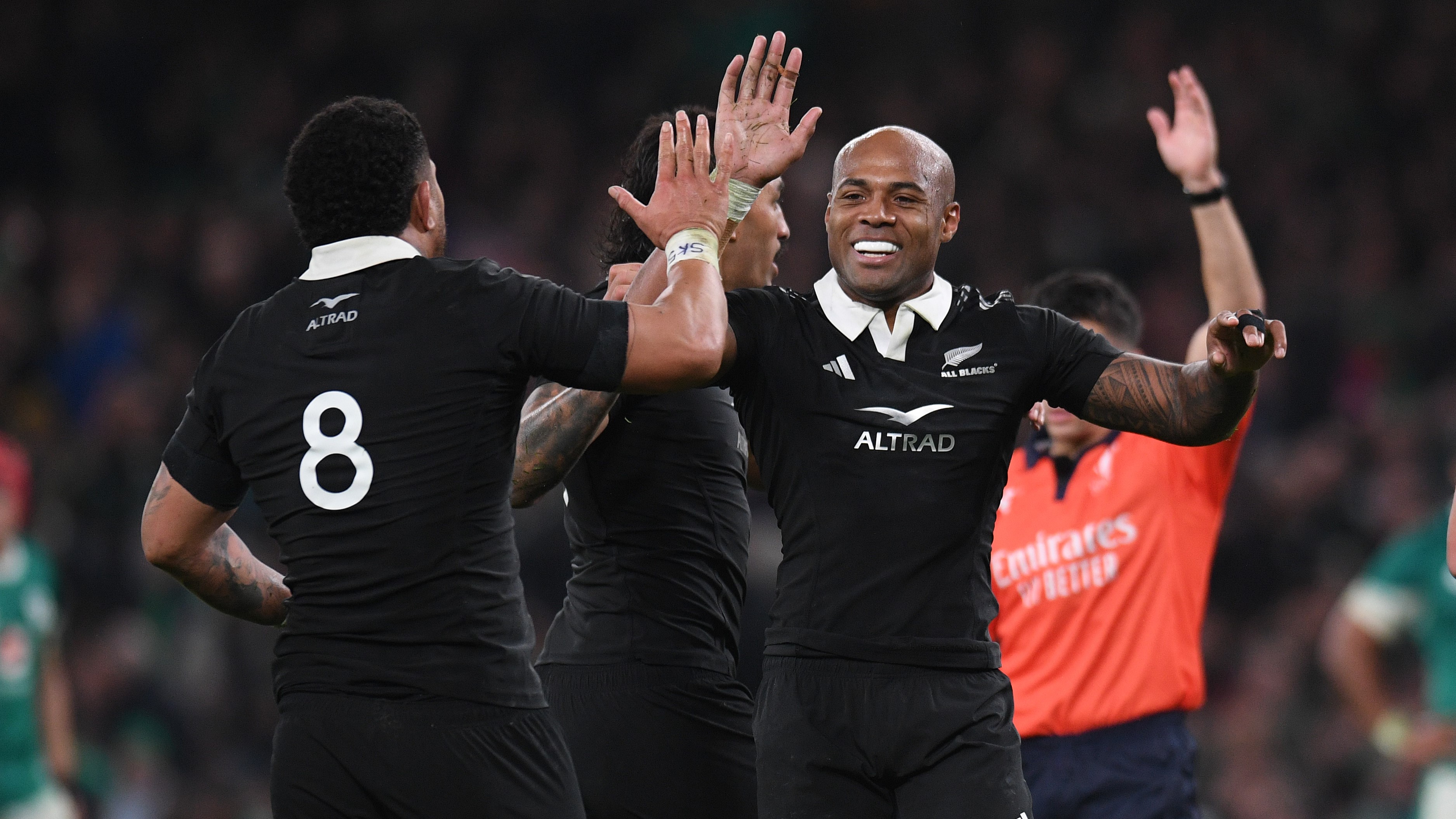 Mark Tele’a of New Zealand celebrates with team mate Ardie Savea of New Zealand at the end of the Autumn Nations Series 2025 match between Ireland and New Zealand All Blacks at Aviva Stadium on November 08, 2024 in Dublin, Ireland. (Photo by Charles McQuillan/Getty Images)