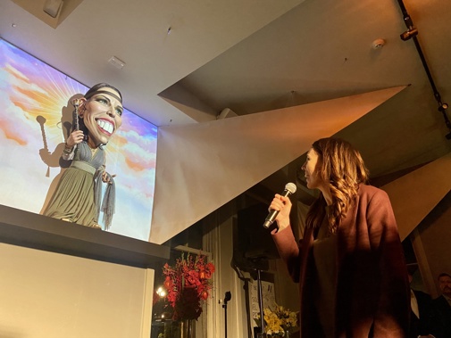Jacinda Ardern's new puppet at Backbenchers in Wellington. (Photo / Aaron Dahmen)